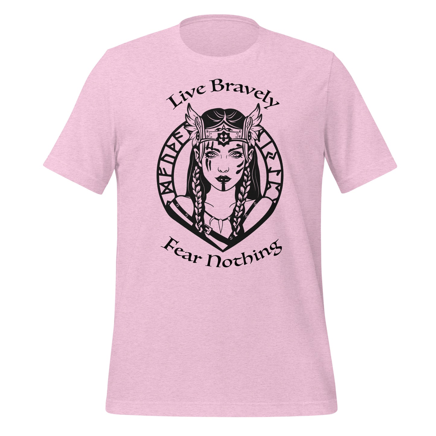 Heather prism lilac Shieldmaiden Viking Warrior t-shirt that reads Live Bravely Fear Nothing with a Viking Warrior woman with Futhark runes created by graphic apparel shop Midnight Gypsy Designs.