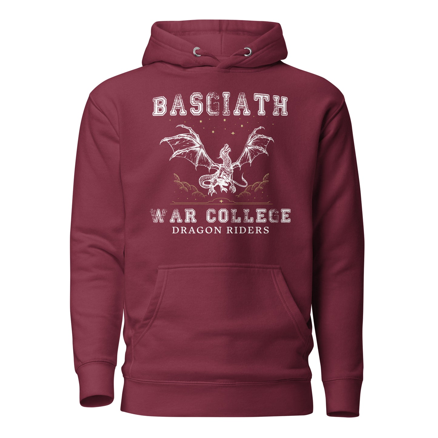 Maroon dragon rider Basgiath War College hoodie for fantasy book readers of Fourth Wing, Iron Flame, and Onyx Storm created by graphic apparel company Midnight Gypsy Designs as part of their bookish merch collection.