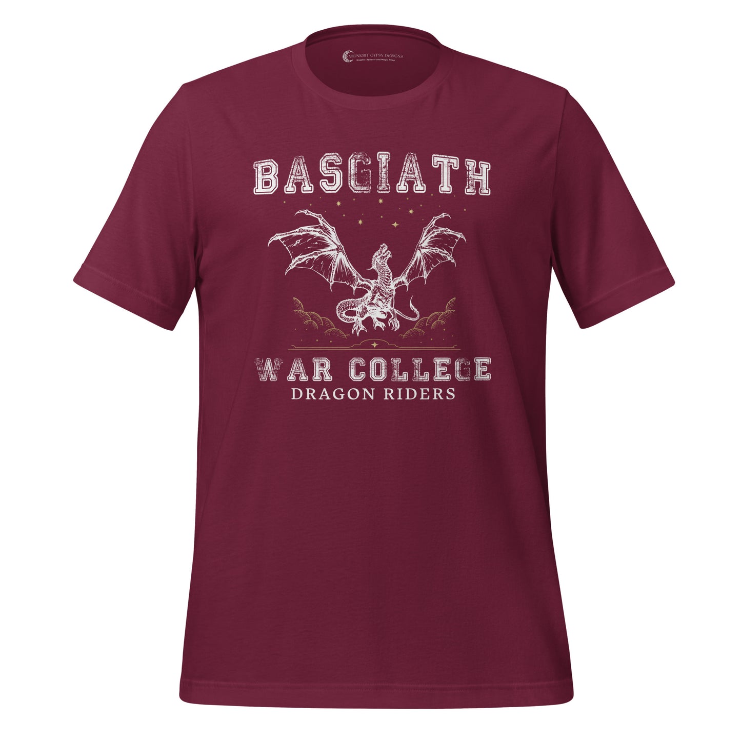 Maroon dragon rider Basgiath War College shirt for fantasy book readers of Fourth Wing, Iron Flame, and Onyx Storm created by graphic apparel company Midnight Gypsy Designs as part of their bookish merch collection.