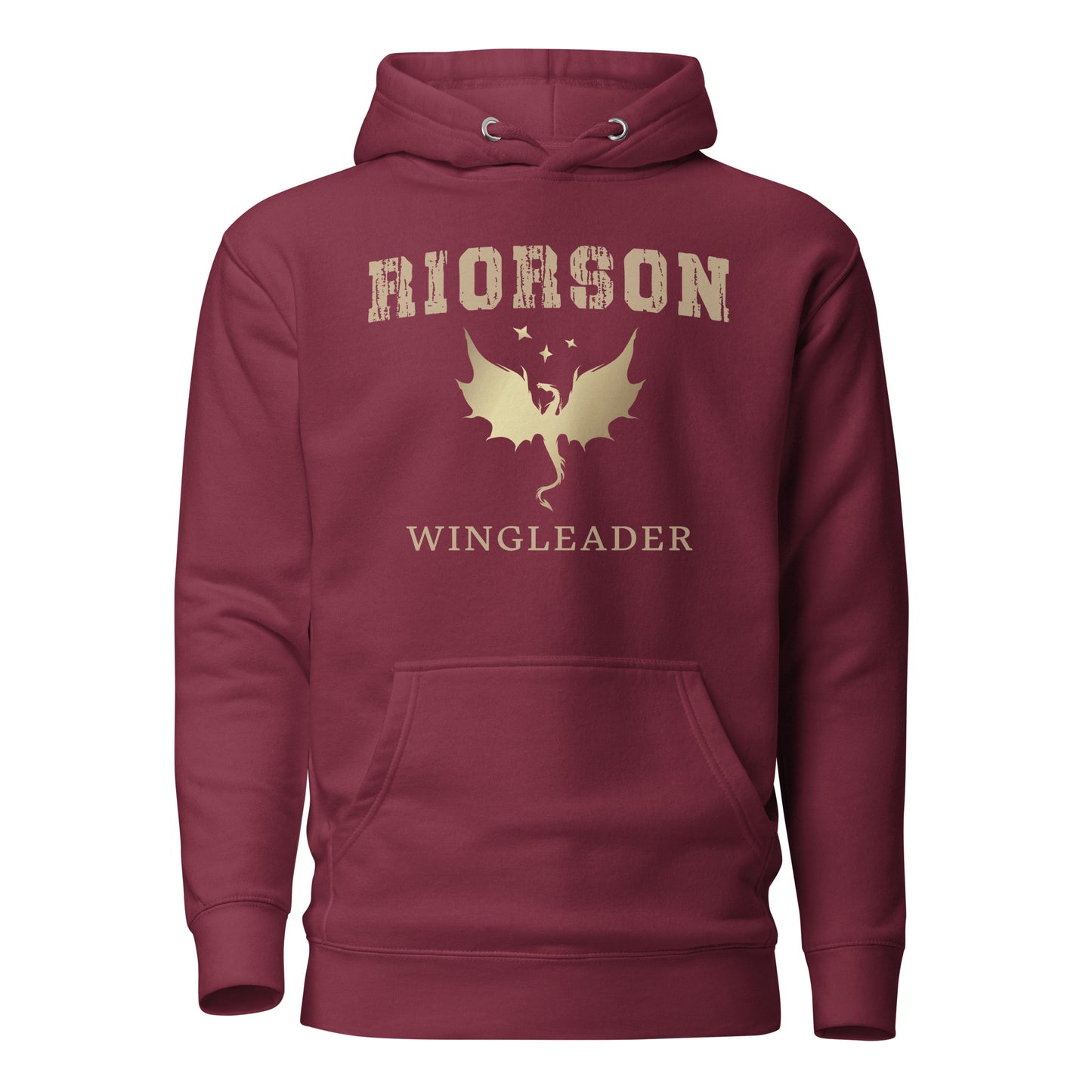 Maroon Fourth Wing shirt that says Riorson Wingleader with a dragon and stars created by graphic apparel company Midnight Gypsy Designs as part of its bookish merch collection for fantasy book readers. Perfect dragon riders shirt, Xaden Riorson shirt, Iron Flame shirt and Onyx Storm shirt.