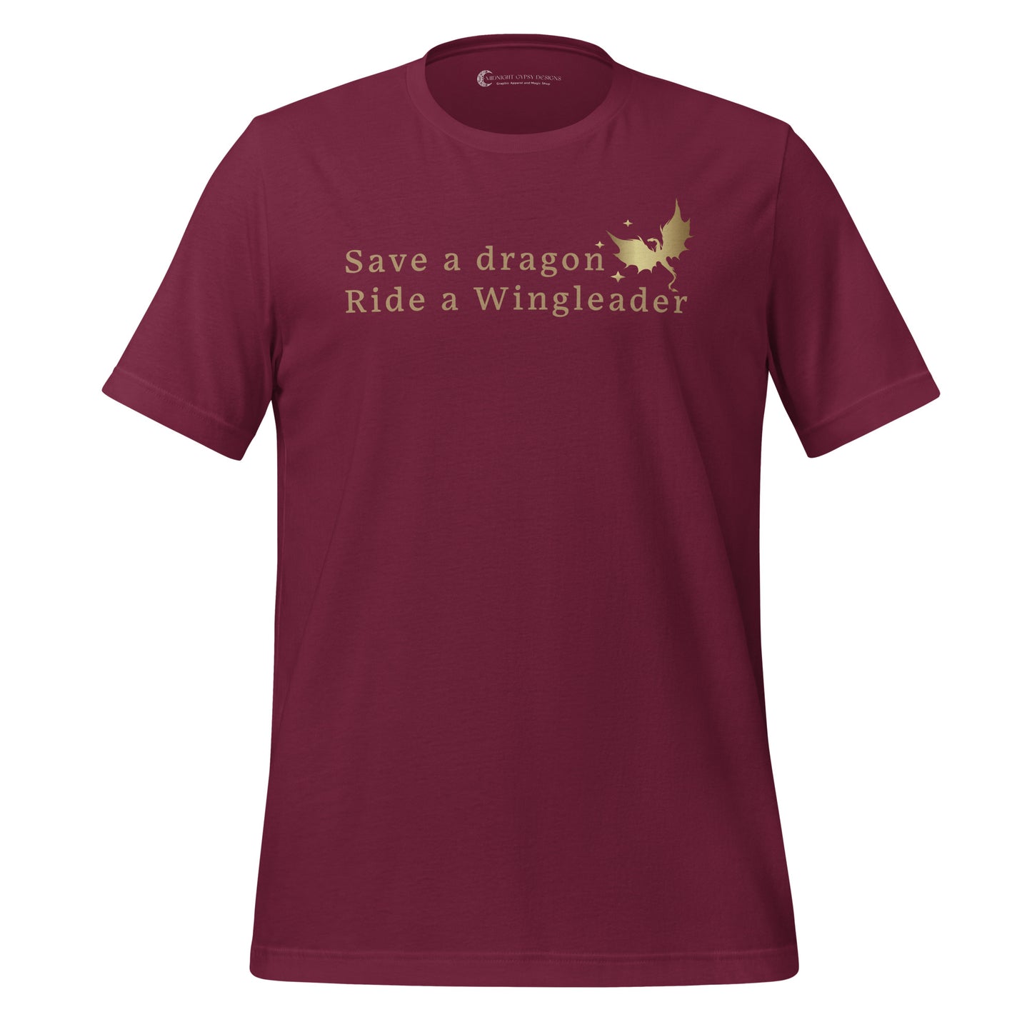 Maroon Fourth Wing shirt that says Save a Dragon Ride a Wingleader with a dragon and stars created by graphic apparel company Midnight Gypsy Designs as part of its bookish merch collection for fantasy book readers and fans of the novel books Fourth Wing, Iron Flame, and Onyx Storm.
