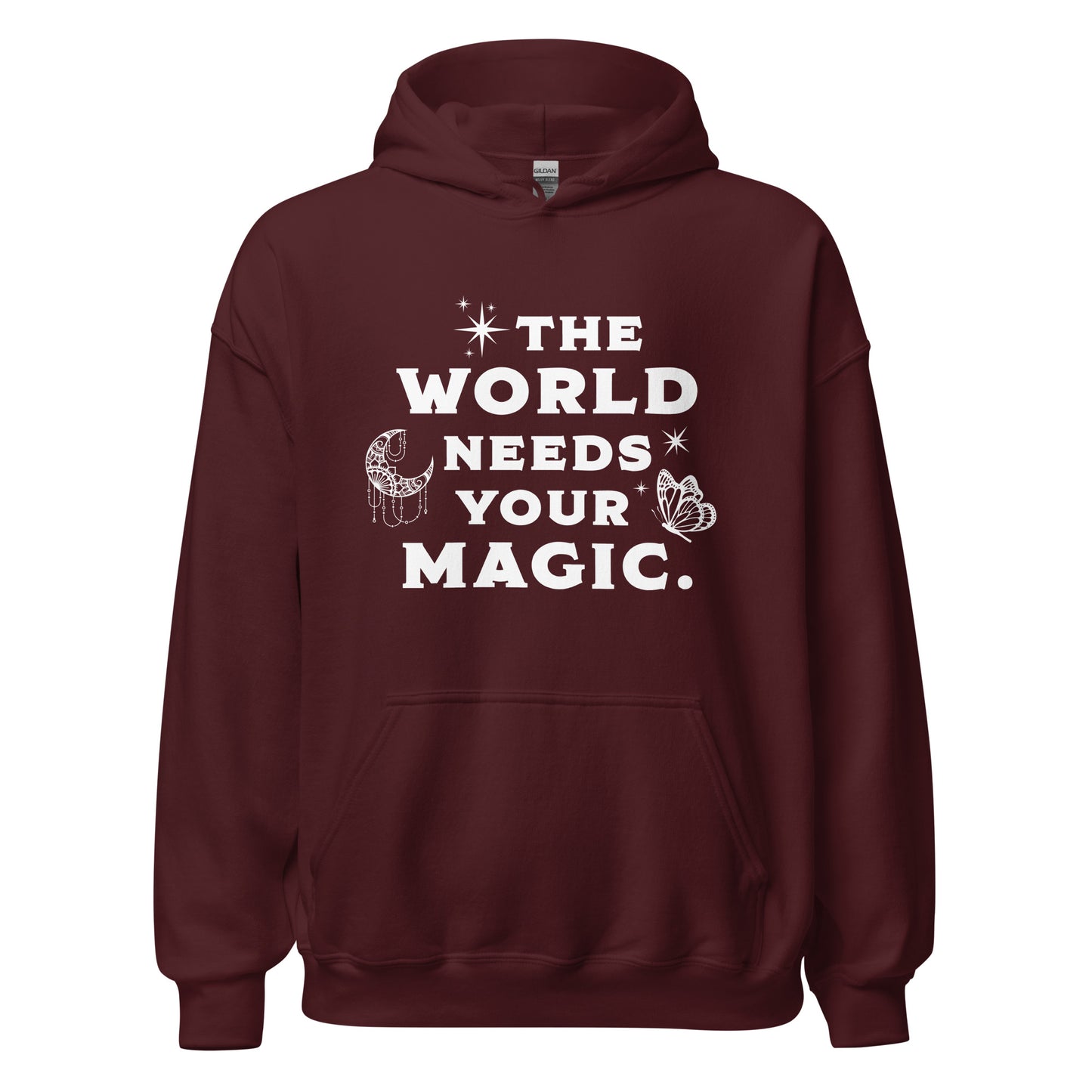 Maroon The World Needs Your Magic hoodie with the moon and stars and butterfly created by graphic apparel company Midnight Gypsy Designs for their kindness apparel collection. Perfect mental health awareness shirt and cute kindness shirt.