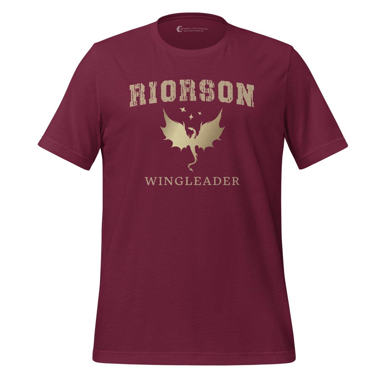 Maroon Fourth Wing shirt that says Riorson Wingleader with a dragon and stars created by graphic apparel company Midnight Gypsy Designs as part of its bookish merch collection for fantasy book readers. Perfect dragon riders shirt, Xaden Riorson shirt, Iron Flame shirt and Onyx Storm shirt.