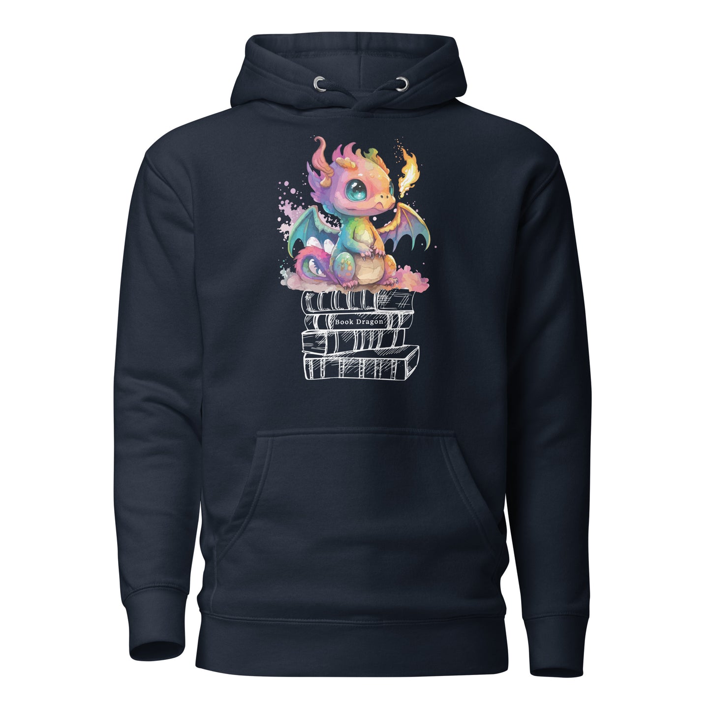 Navy blue book dragon hoodie with a fire breathing rainbow dragon sitting on top of a stack of books designed by graphic apparel shop Midnight Gypsy Designs as part of their bookish merch collection. Perfect book dragon shirt for fantasy readers!