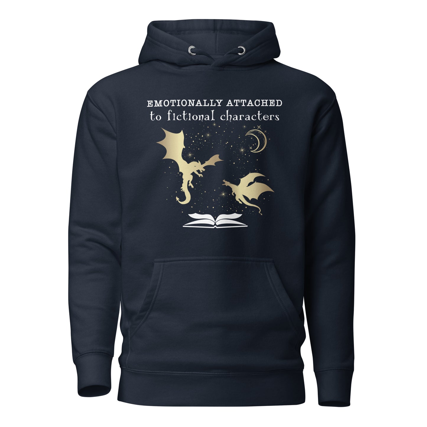 Navy Emotionally Attached to Fictional Characters hoodie with two gold dragons flying over an open book and a crescent moon created by graphic apparel company Midnight Gypsy Designs for their in my fantasy era academia book merch. Perfect book dragon shirt, fantasy readers shirt, bookish merch, shirt for fantasy readers, and fourth wing hoodie!