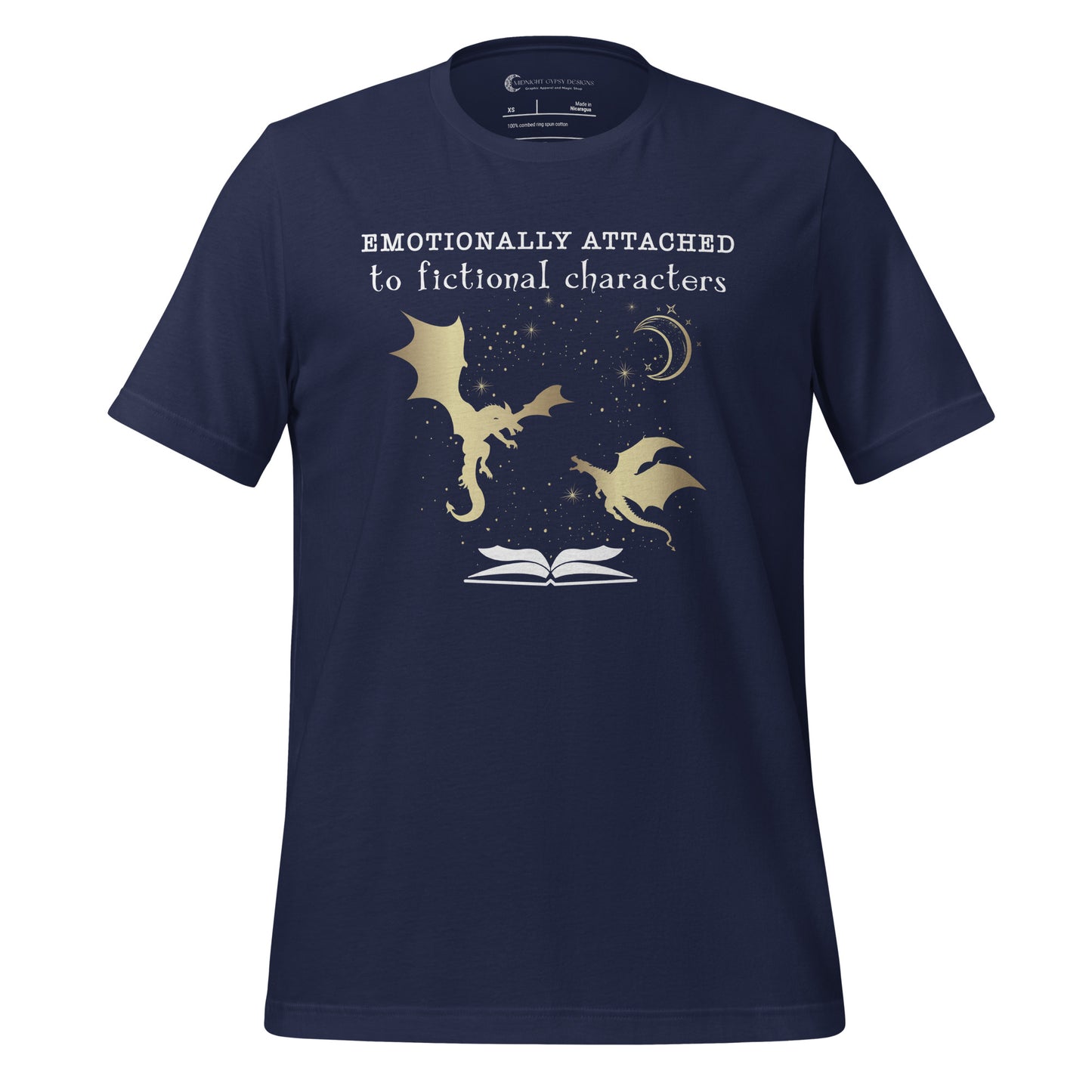Navy Emotionally Attached to Fictional Characters shirt with two gold dragons flying over an open book and a crescent moon created by graphic apparel company Midnight Gypsy Designs for their academia book merch collection. Perfect fantasy readers shirt, book dragon shirt, fourth wing shirt, book merch, bookish merch, and shirt for fantasy readers.