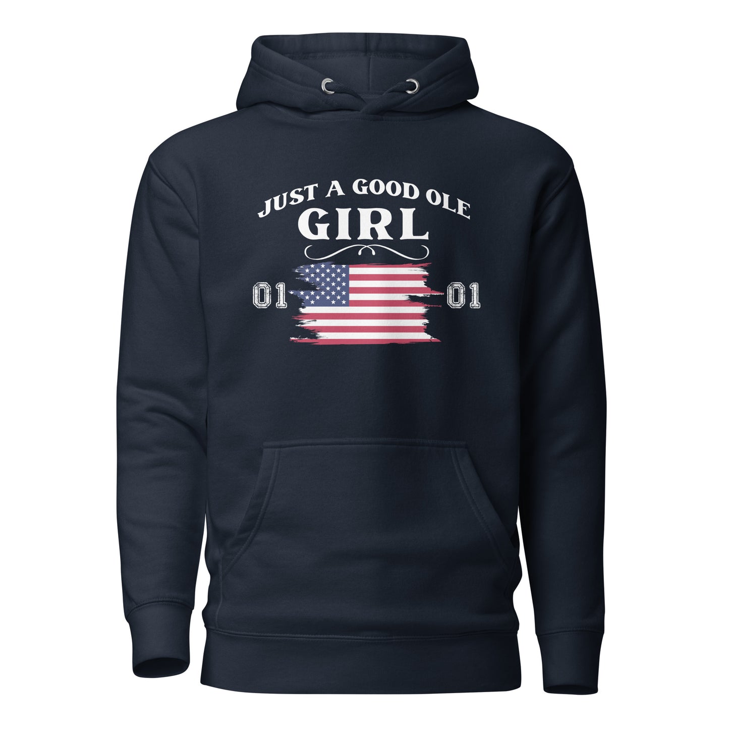 Navy Just A Good Ole Girl hoodie with American flag and General Lee 01 number created by graphic apparel company Midnight Gypsy Designs as part of their Patriotic Pride Apparel Collection. Perfect Dukes of Hazard hoodie, Dukes of Hazard shirt, Daisy Duke hoodie, Daisy Duke shirt, General Lee hoodie, General Lee shirt, and USA Patriotic shirt.