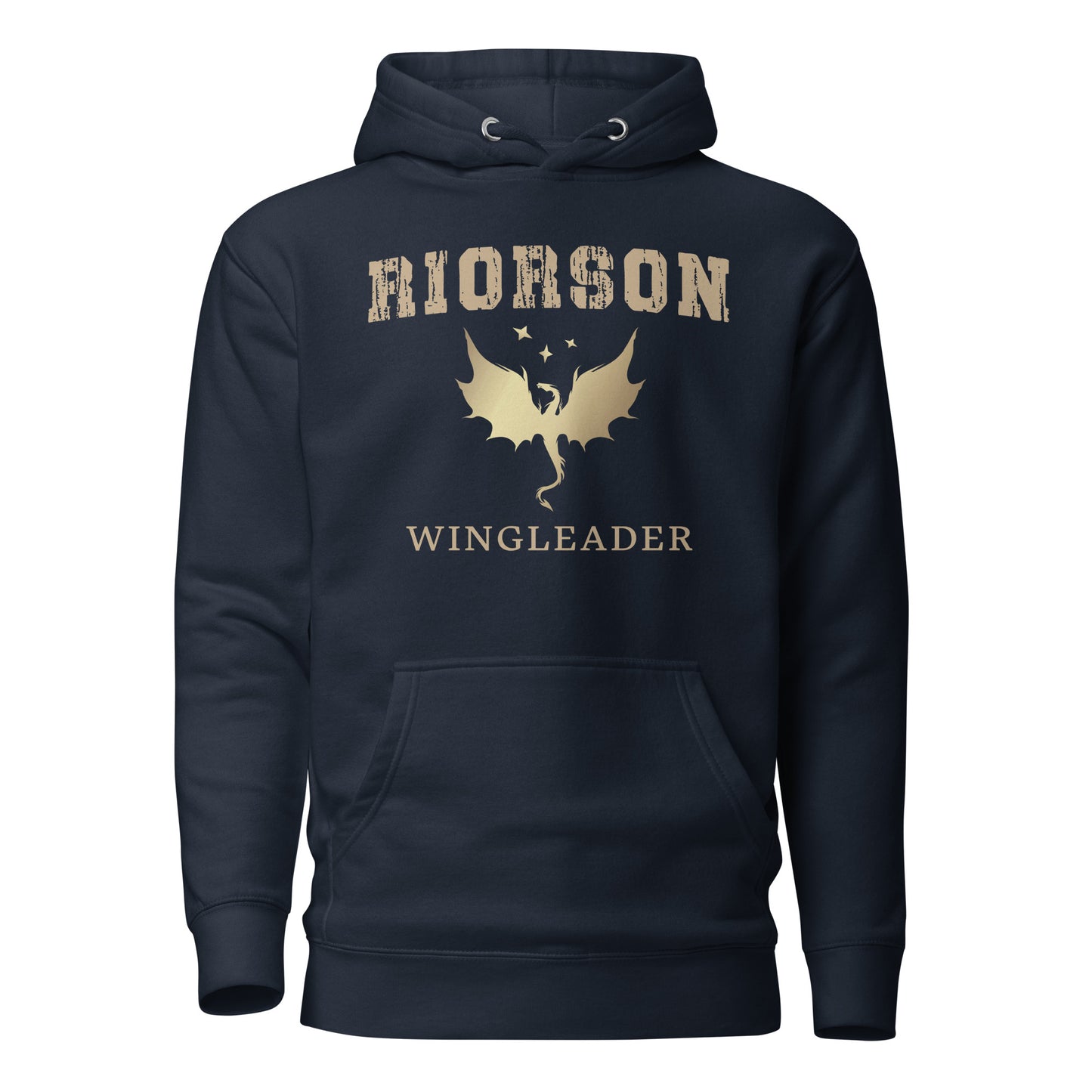 Navy Fourth Wing shirt that says Riorson Wingleader with a dragon and stars created by graphic apparel company Midnight Gypsy Designs as part of its bookish merch collection for fantasy book readers. Perfect dragon riders shirt, Xaden Riorson shirt, Iron Flame shirt and Onyx Storm shirt.