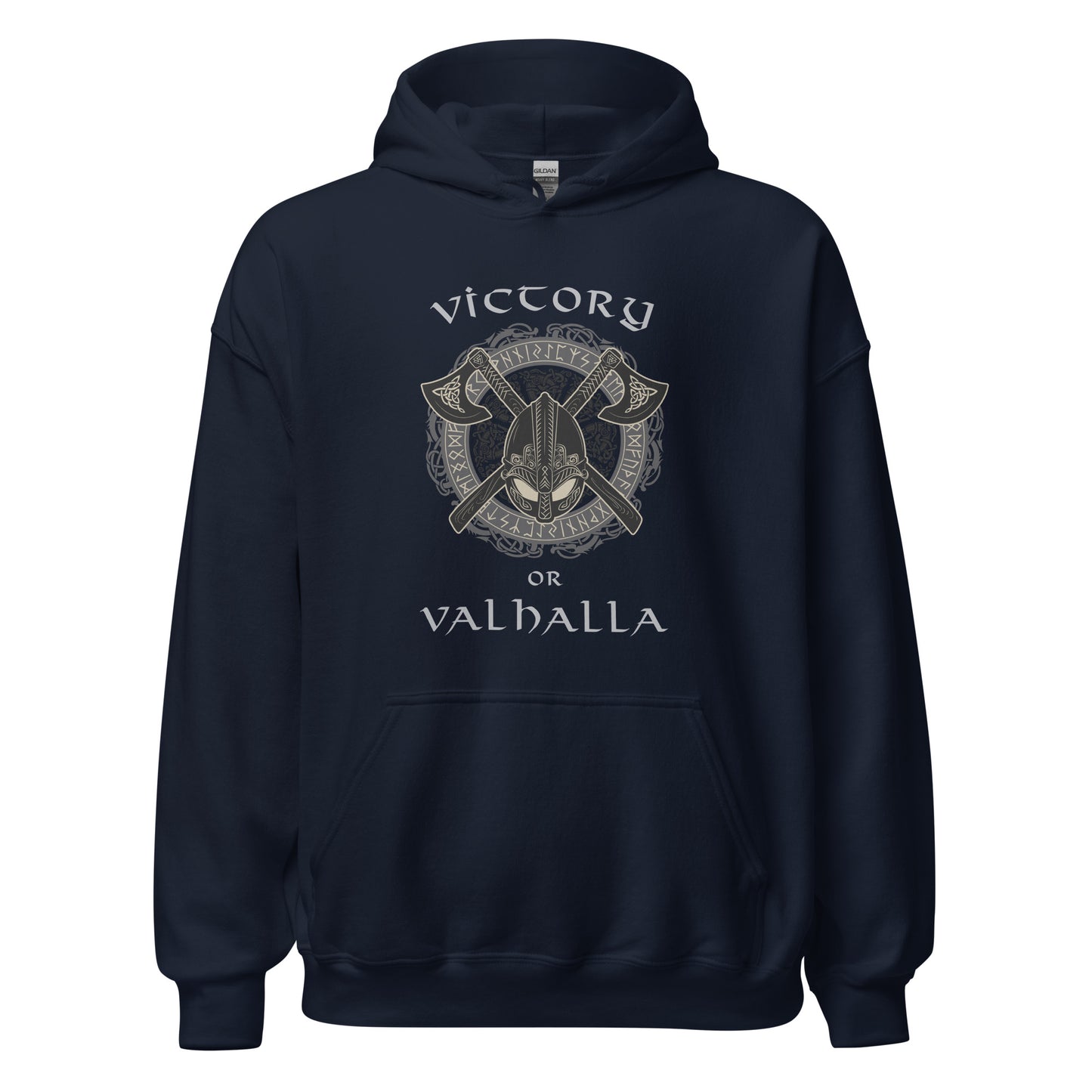 Navy Victory or Valhalla Viking hoodie with shield and axe and norse compass created by graphic apparel company Midnight Gypsy Designs.