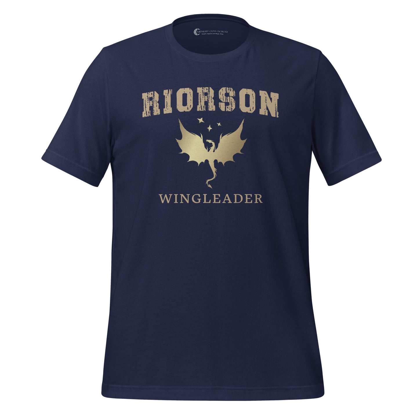 Navy Fourth Wing shirt that says Riorson Wingleader with a dragon and stars created by graphic apparel company Midnight Gypsy Designs as part of its bookish merch collection for fantasy book readers. Perfect dragon riders shirt, Xaden Riorson shirt, Iron Flame shirt and Onyx Storm shirt.