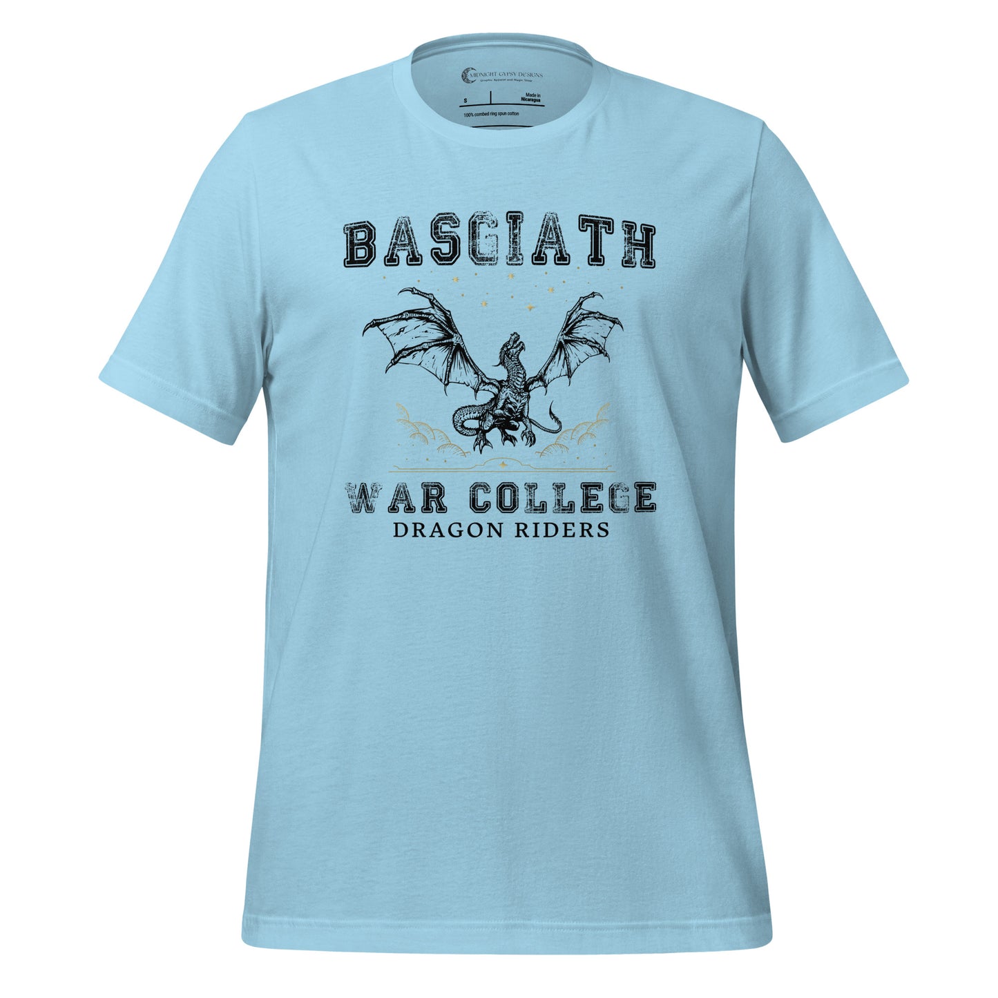 Ocean blue dragon rider Basgiath War College shirt for fantasy book readers of Fourth Wing, Iron Flame, and Onyx Storm created by graphic apparel company Midnight Gypsy Designs as part of their bookish merch collection.