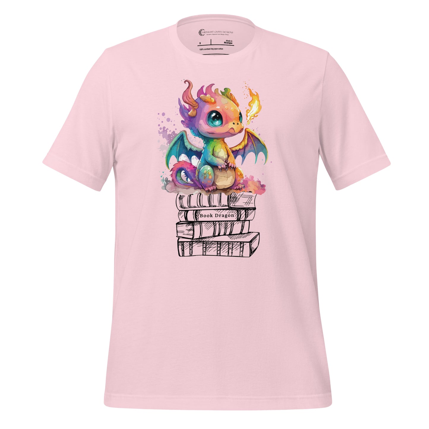 Pink book dragon shirt with a fire breathing rainbow dragon sitting on top of a stack of books designed by graphic apparel shop Midnight Gypsy Designs as part of their bookish merch collection. Cute dragon shirt for fantasy readers!