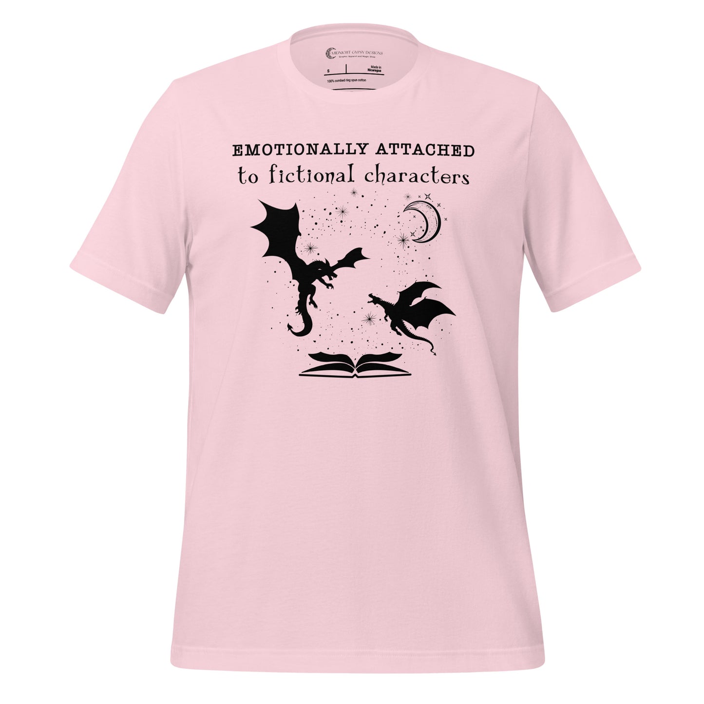 Pink Emotionally Attached to Fictional Characters shirt with two black dragons flying over an open book and a crescent moon created by graphic apparel company Midnight Gypsy Designs for their academia book merch collection. Perfect fantasy readers shirt, book dragon shirt, fourth wing shirt, book merch, bookish merch, and shirt for fantasy readers.