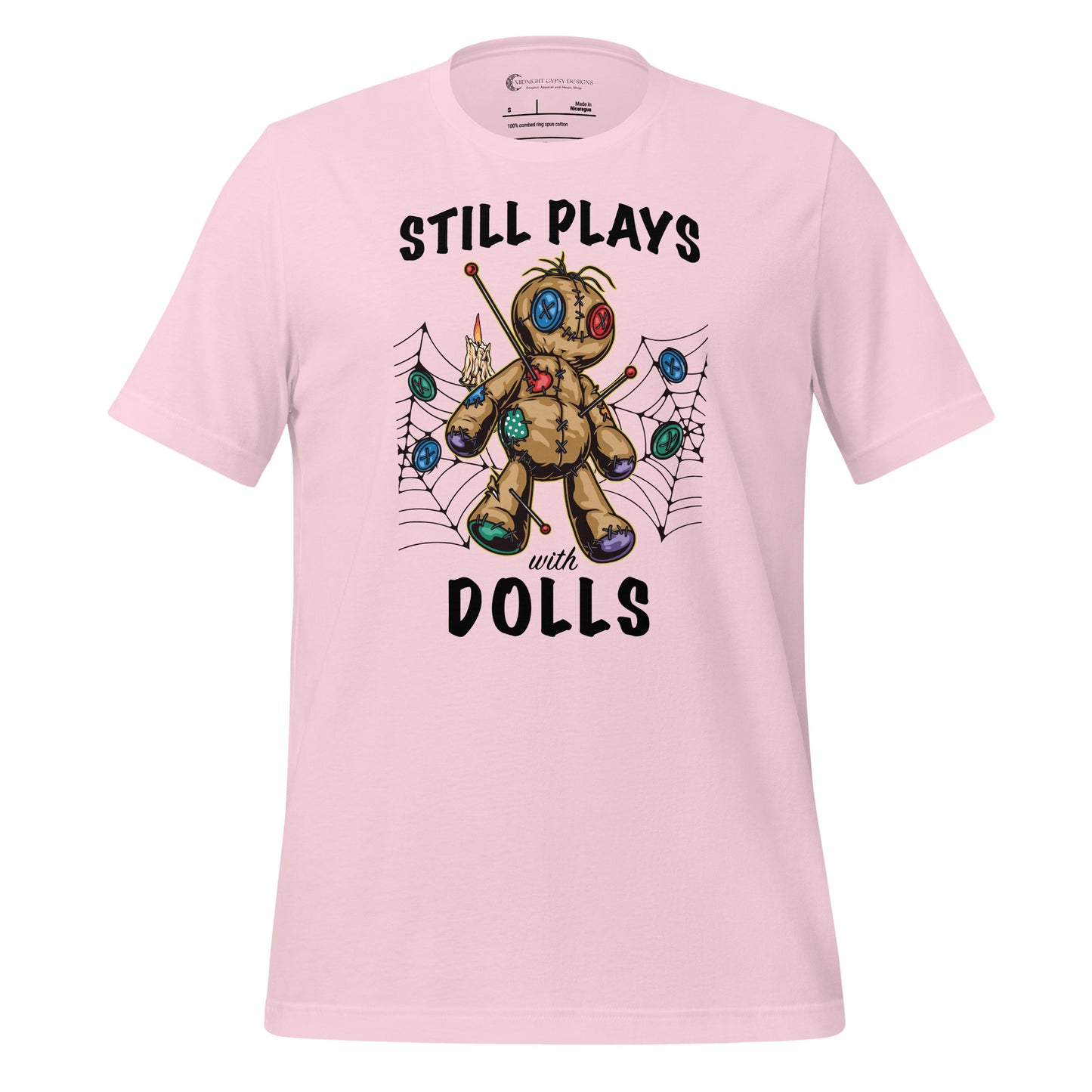 Pink Still Plays With Dolls VooDoo shirt created by clothing apparel company Midnight Gypsy Designs.