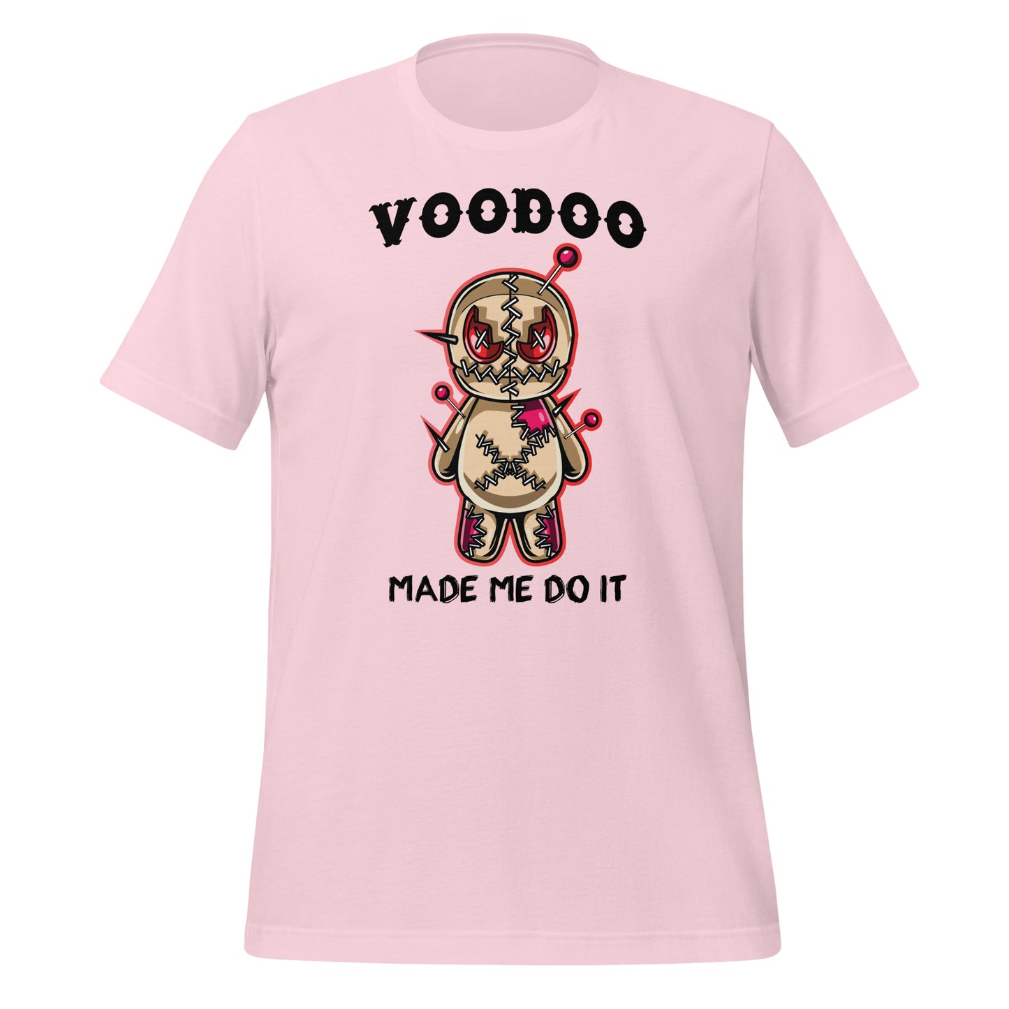 Pink VooDoo Made Me Do It New Orleans shirt with voodoo doll designed by graphic apparel company Midnight Gypsy Designs.
