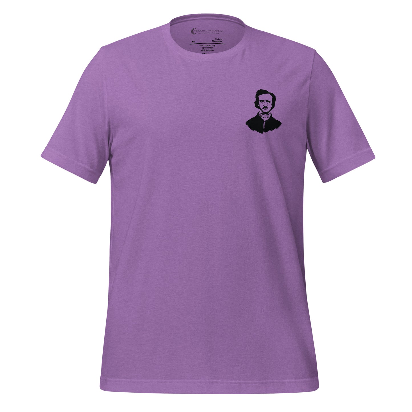 Purple Edgar Allan Poe shirt that says Be Like Poe created by graphic apparel company Midnight Gypsy Designs as part of their Dark Academia t-shirt collection. Perfect Edgar Allan Poe merch, Edgar Allan Poe fans shirt, Edgar Allan Poe literary shirt, Edgar Allan Poe Poet shirt, Edgar Allan Poe librarian shirt, and Edgar Allan Poe fan shirt for readers.