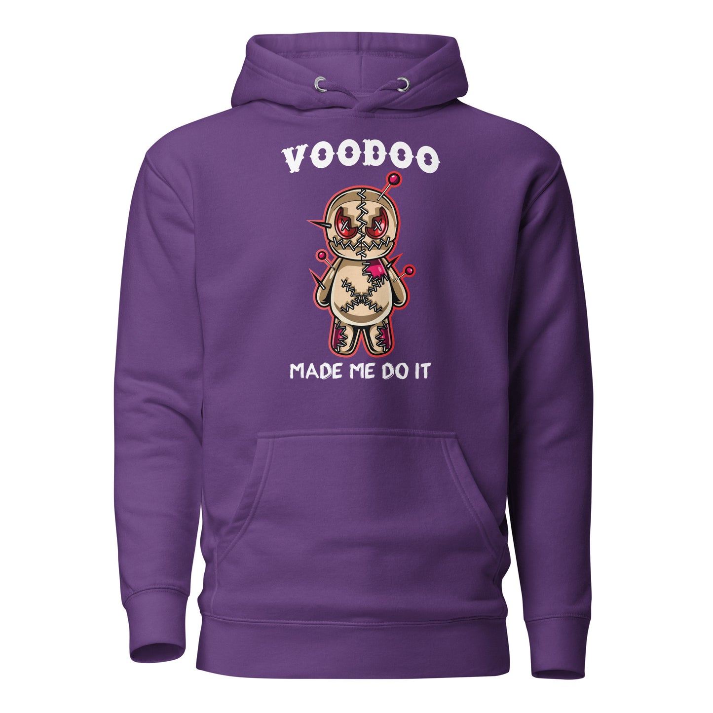 Purple VooDoo Made Me Do It Hoodie with a Voodoo doll with pins on front created by graphic apparel company Midnight Gypsy Designs.