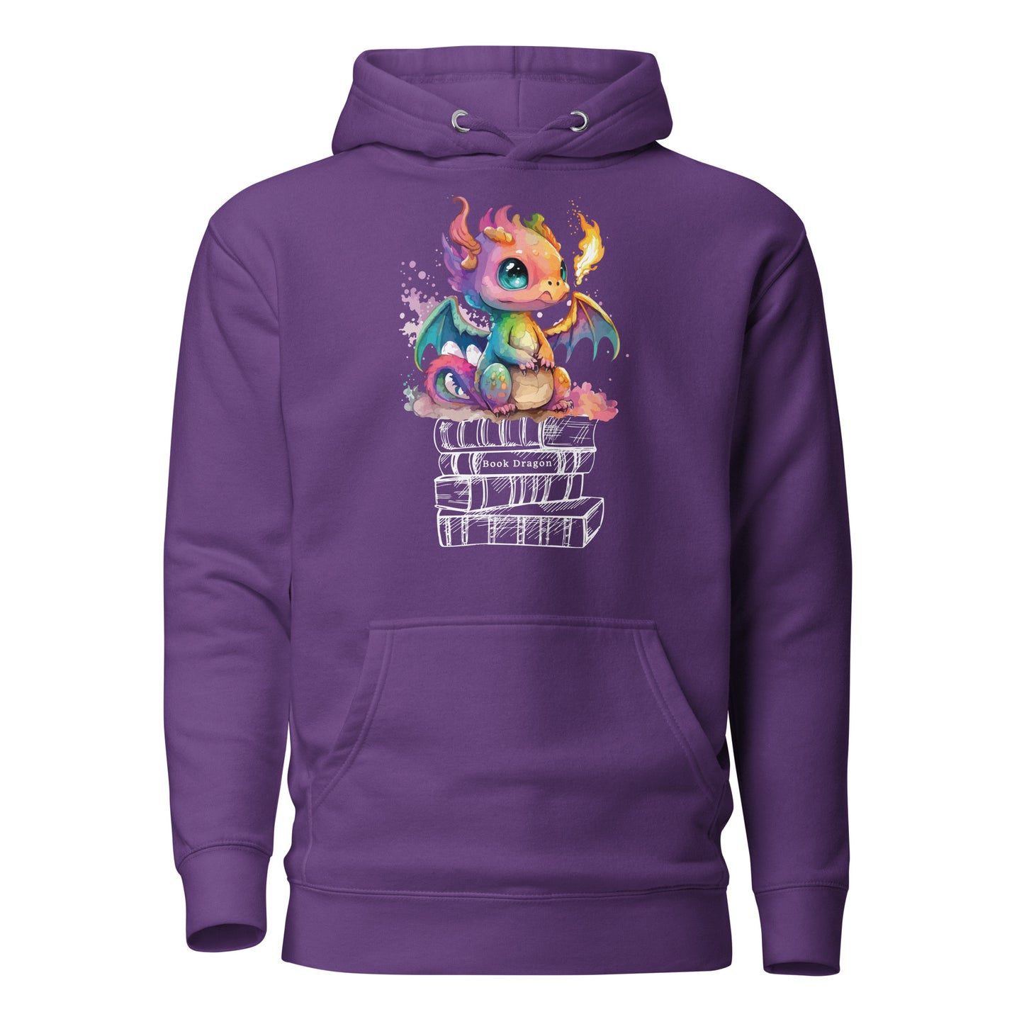 Purple book dragon hoodie with a fire breathing rainbow dragon sitting on top of a stack of books designed by graphic apparel shop Midnight Gypsy Designs as part of their bookish merch collection. Perfect book dragon shirt for fantasy readers!