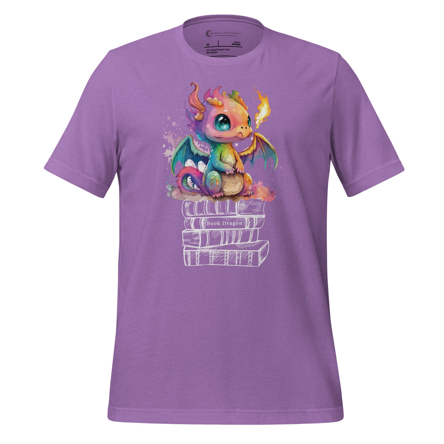 Purple book dragon shirt with a fire breathing rainbow dragon sitting on top of a stack of books designed by graphic apparel shop Midnight Gypsy Designs as part of their bookish merch collection. Cute dragon shirt for fantasy readers!