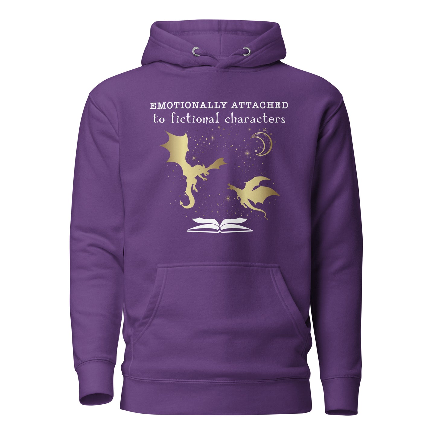 Purple Emotionally Attached to Fictional Characters hoodie with two gold dragons flying over an open book and a crescent moon created by graphic apparel company Midnight Gypsy Designs for their in my fantasy era academia book merch. Perfect book dragon shirt, fantasy readers shirt, bookish merch, shirt for fantasy readers, and fourth wing hoodie!