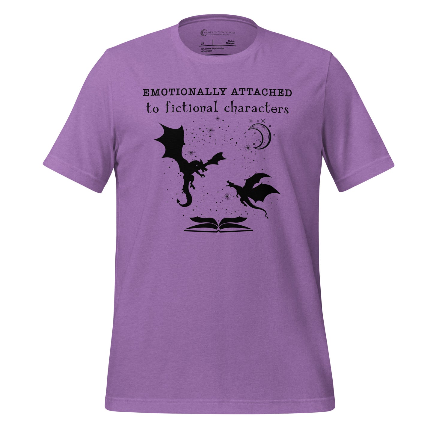 Purple Emotionally Attached to Fictional Characters shirt with two black dragons flying over an open book and a crescent moon created by graphic apparel company Midnight Gypsy Designs for their academia book merch collection. Perfect fantasy readers shirt, book dragon shirt, fourth wing shirt, book merch, bookish merch, and shirt for fantasy readers.