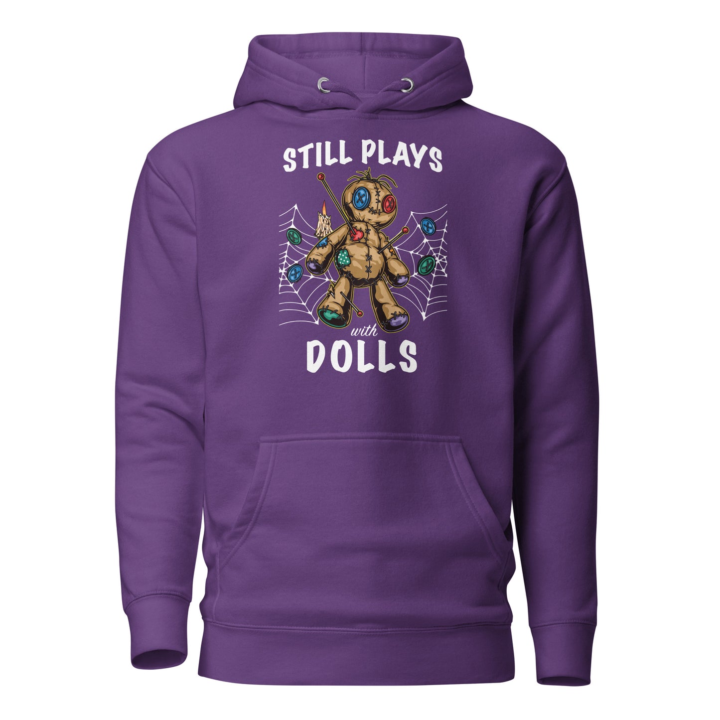 Purple Still Plays With Dolls Voodoo hoodie with Voodoo doll on front designed by graphic apparel company Midnight Gypsy Designs.