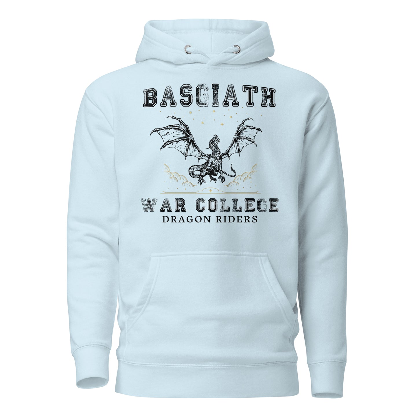 Sky blue dragon rider Basgiath War College hoodie for fantasy book readers of Fourth Wing, Iron Flame, and Onyx Storm created by graphic apparel company Midnight Gypsy Designs as part of their bookish merch collection.