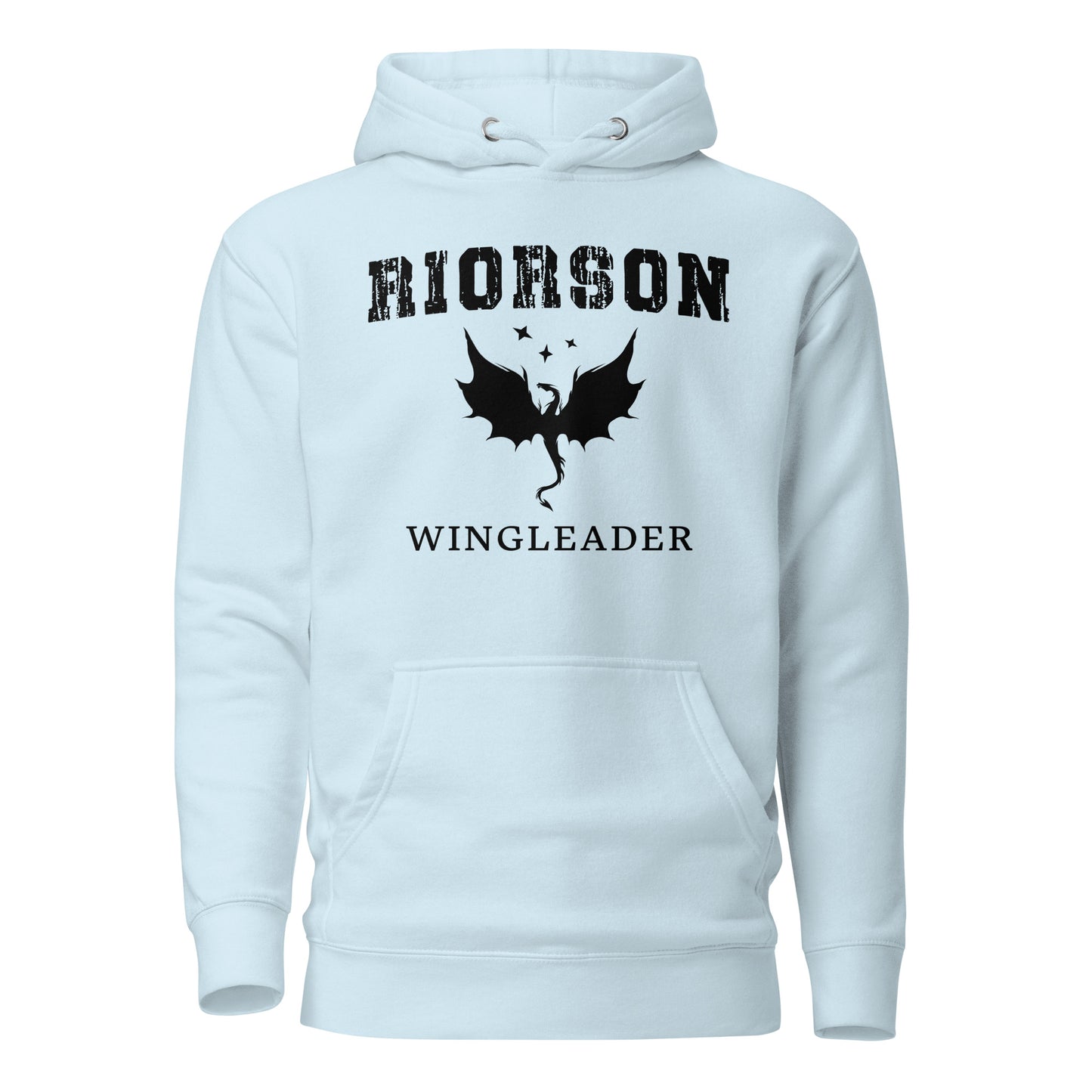 Sky blue Fourth Wing shirt that says Riorson Wingleader with a dragon and stars created by graphic apparel company Midnight Gypsy Designs as part of its bookish merch collection for fantasy book readers. Perfect dragon riders shirt, Xaden Riorson shirt, Iron Flame shirt and Onyx Storm shirt.