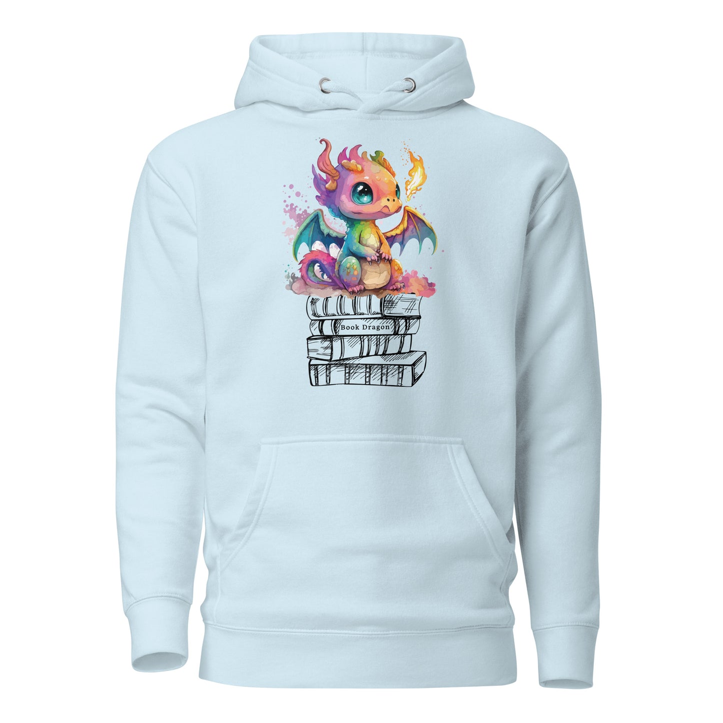 Sky blue book dragon hoodie with a fire breathing rainbow dragon sitting on top of a stack of books designed by graphic apparel shop Midnight Gypsy Designs as part of their bookish merch collection. Perfect book dragon shirt for fantasy readers!
