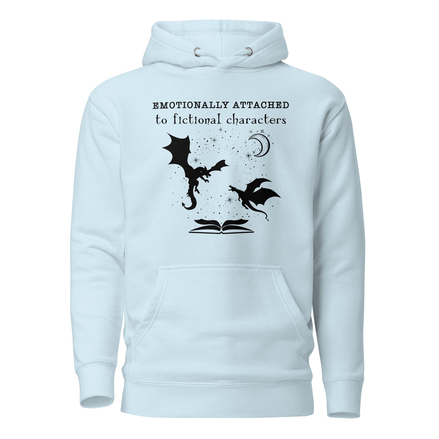 Sky blue Emotionally Attached to Fictional Characters hoodie with two gold dragons flying over an open book and a crescent moon created by graphic apparel company Midnight Gypsy Designs for their in my fantasy era academia book merch. Perfect book dragon shirt, fantasy readers shirt, bookish merch, shirt for fantasy readers, and fourth wing hoodie!