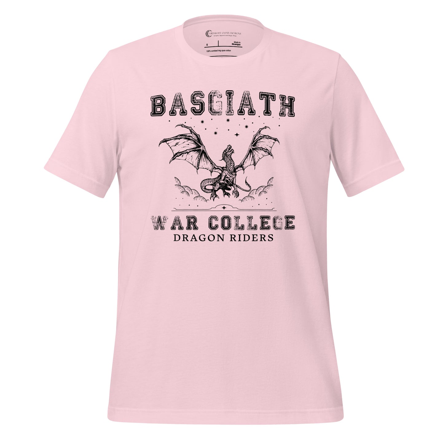 Soft pink dragon rider Basgiath War College shirt for fantasy book readers of Fourth Wing, Iron Flame, and Onyx Storm created by graphic apparel company Midnight Gypsy Designs as part of their bookish merch collection.