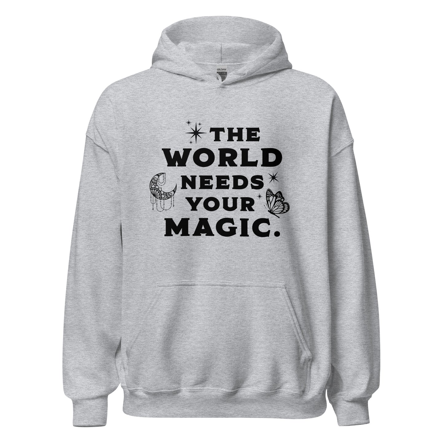 Sport grey The World Needs Your Magic hoodie with the moon and stars and butterfly created by graphic apparel company Midnight Gypsy Designs for their kindness apparel collection. Perfect mental health awareness shirt and cute kindness shirt.