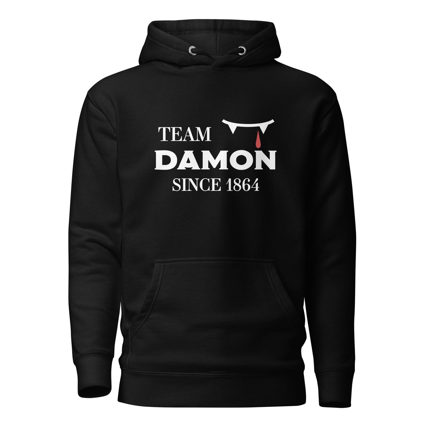 Team Damon Since 1864 hoodie with vampire teeth and blood drip created by graphic apparel company Midnight Gypsy Designs as part of their The Vampire Diaries mech collection. Perfect Vampire Diaries shirt, team Damon shirt, team Damon hoodie, Damon Salvatore hoodie, and Mystic Falls hoodie!