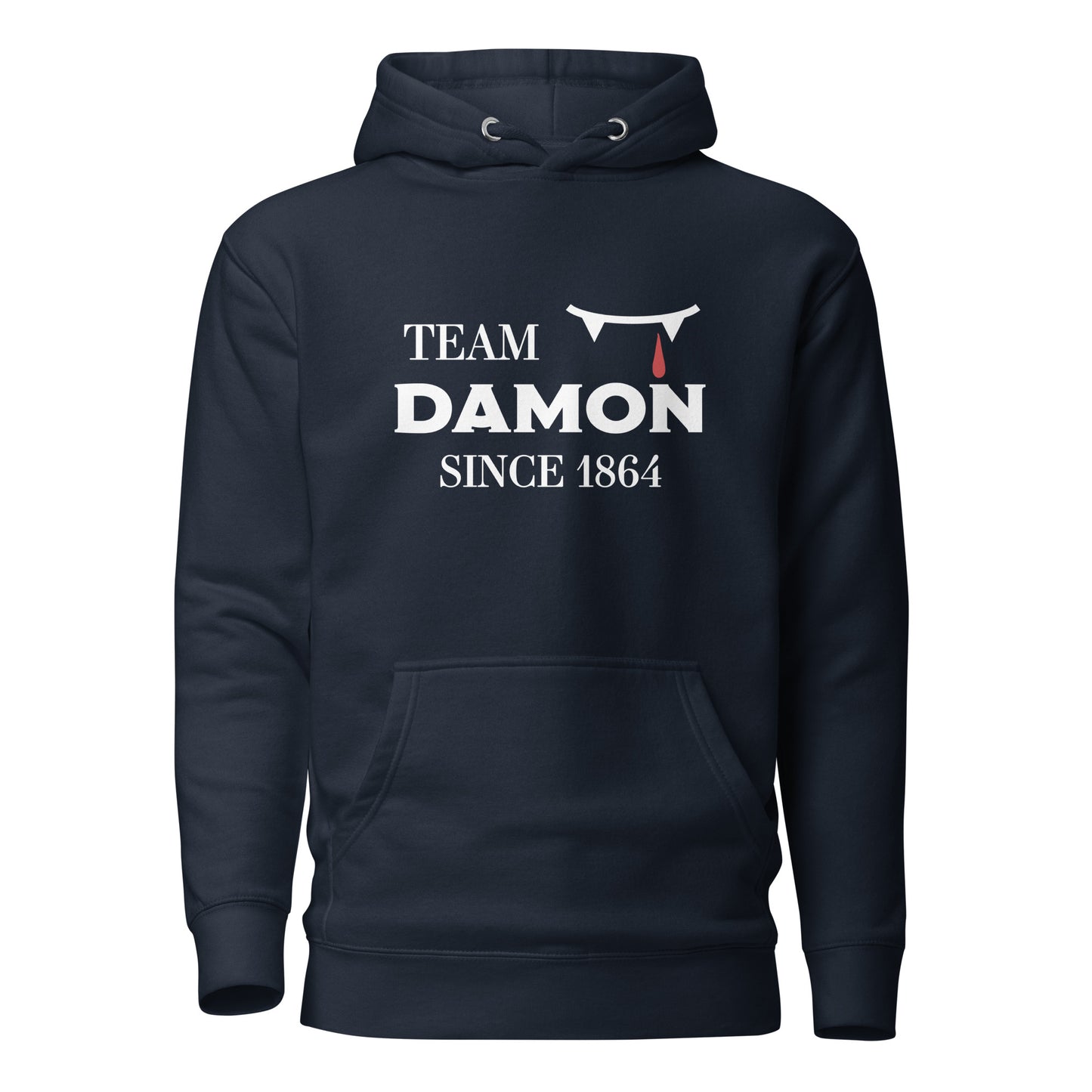 Team Damon Since 1864 hoodie with vampire teeth and blood drip created by graphic apparel company Midnight Gypsy Designs as part of their The Vampire Diaries mech collection. Perfect Vampire Diaries shirt, team Damon shirt, team Damon hoodie, Damon Salvatore hoodie, and Mystic Falls hoodie!