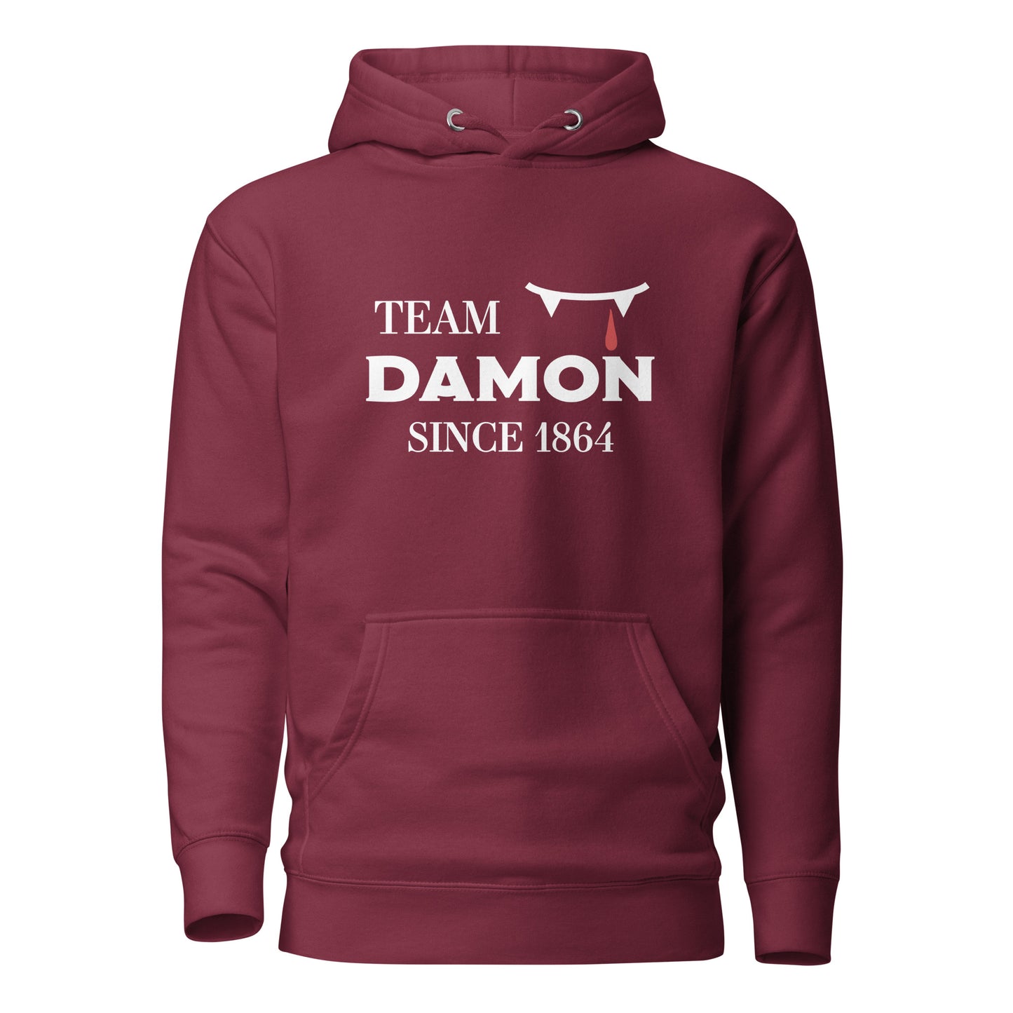 Team Damon Since 1864 hoodie with vampire teeth and blood drip created by graphic apparel company Midnight Gypsy Designs as part of their The Vampire Diaries mech collection. Perfect Vampire Diaries shirt, team Damon shirt, team Damon hoodie, Damon Salvatore hoodie, and Mystic Falls hoodie!