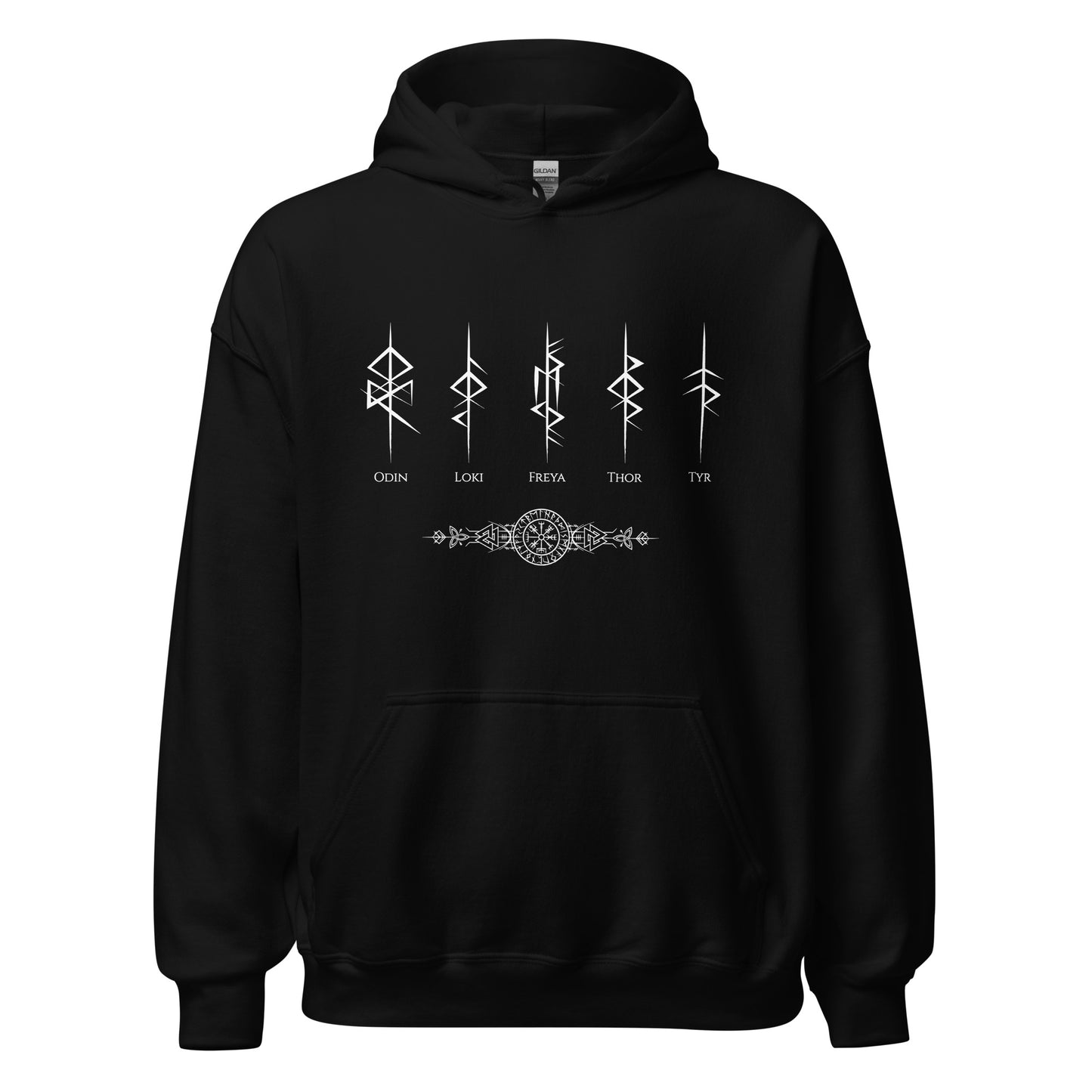 Gildan black hoodie that reads Odin, Loki, Freya, Thor, and Tyr with Futhark rune symbols and vegvisir viking compass created by Norse Viking apparel shop Midnight Gypsy Designs.