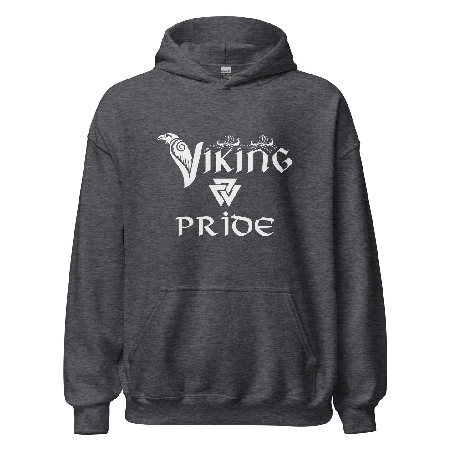 Gildan dark heather grey hoodie that reads Viking Pride with crow and valknut symbol created by Norse Viking apparel shop Midnight Gypsy Designs.