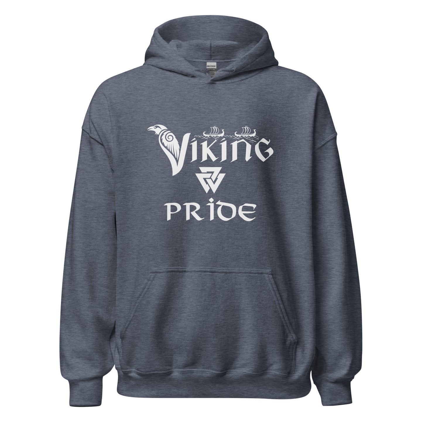 Gildan heather dark navy hoodie that reads Viking Pride with crow and valknut symbol created by Norse Viking apparel shop Midnight Gypsy Designs.