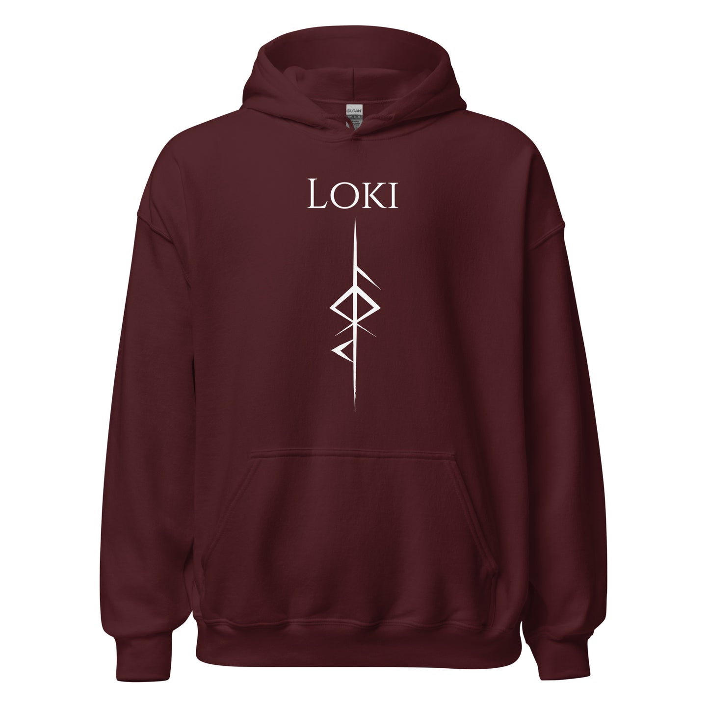 Gildan maroon hoodie that reads Loki with the Loki Futhark rune symbol for Loki God of Mischief created by Norse Viking apparel shop Midnight Gypsy Designs.