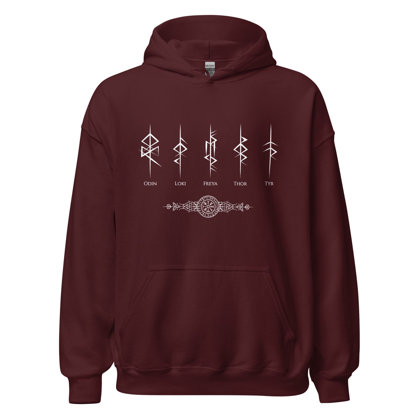 Gildan maroon hoodie that reads Odin, Loki, Freya, Thor, and Tyr with Futhark rune symbols and vegvisir viking compass created by Norse Viking apparel shop Midnight Gypsy Designs.