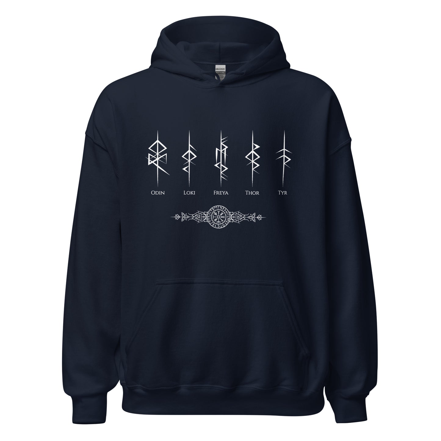 Gildan navy hoodie that reads Odin, Loki, Freya, Thor, and Tyr with Futhark rune symbols and vegvisir viking compass created by Norse Viking apparel shop Midnight Gypsy Designs.