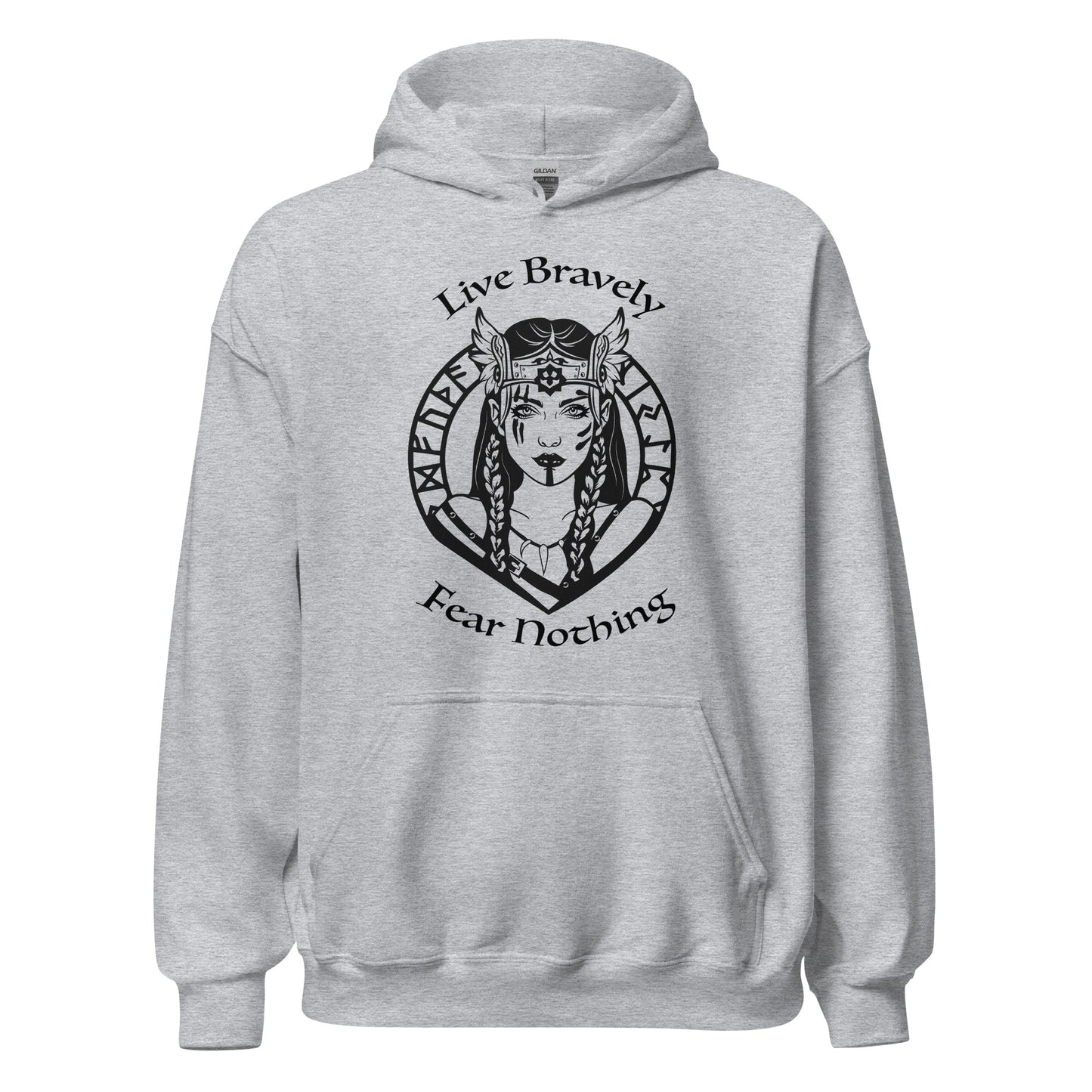 Gildan heather grey hoodie that reads Live Bravely Fear Nothing with a Viking Warrior woman with Futhark runes created by apparel shop Midnight Gypsy Designs.