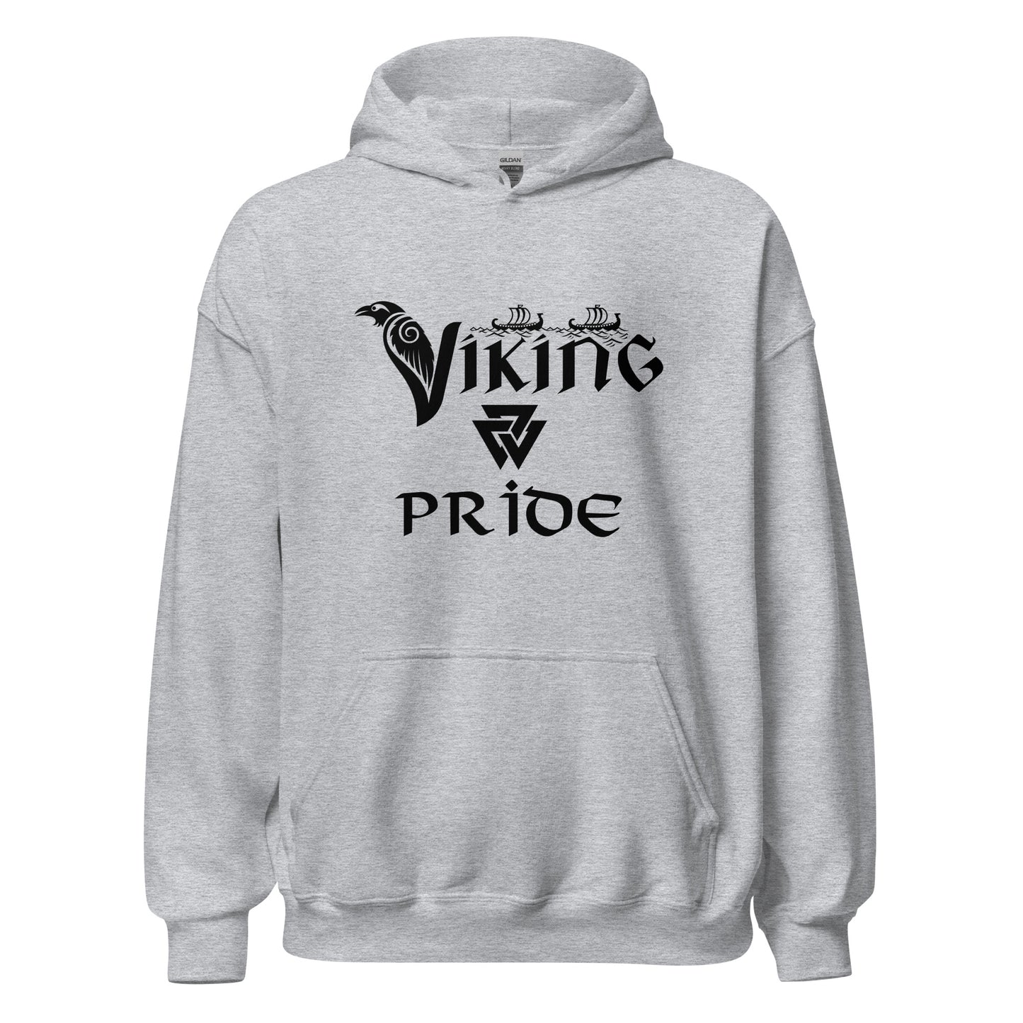 Gildan sport grey hoodie that reads Viking Pride with crow and valknut symbol created by Norse Viking apparel shop Midnight Gypsy Designs.