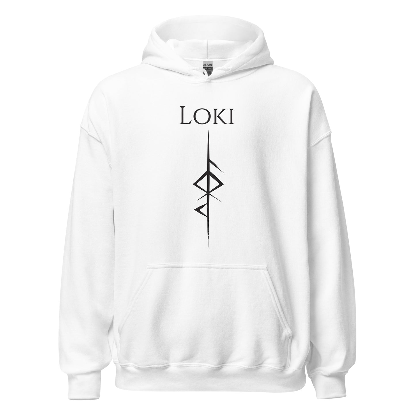 Gildan white hoodie that reads Loki with the Loki Futhark rune symbol for Loki God of Mischief created by Norse Viking apparel shop Midnight Gypsy Designs.