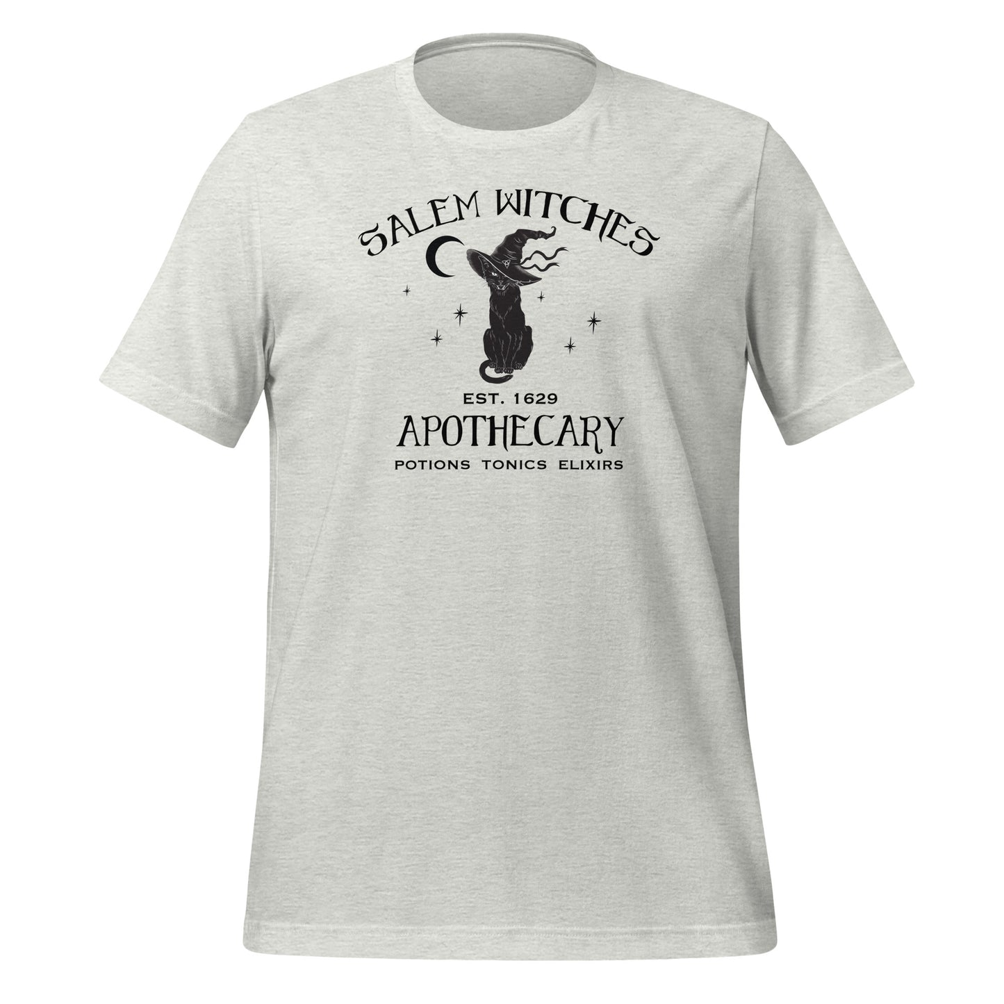 Ash t-shirt with the words Salem witches apothecary Est. 1629 with a black cat wearing a witches hat created by clothing apparel shop Midnight Gypsy Designs.