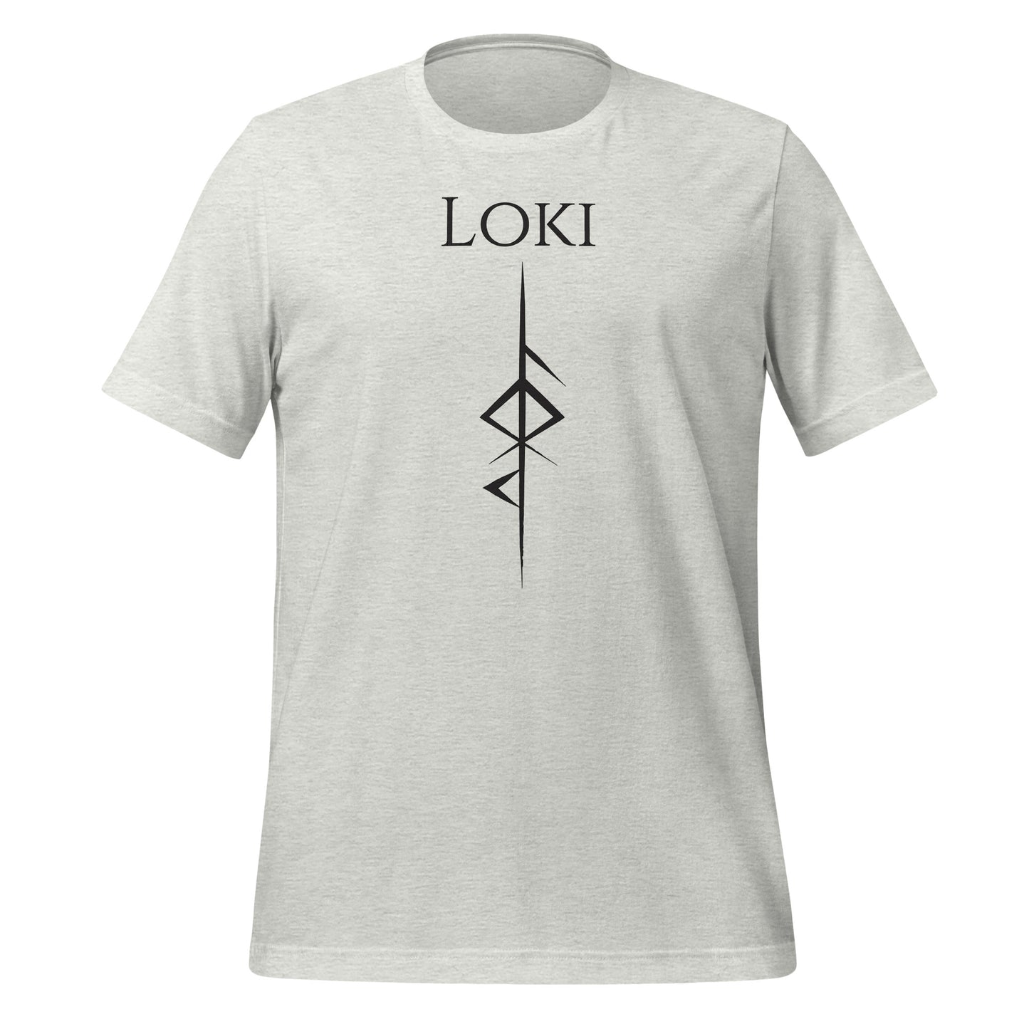 Ash t-shirt that reads Loki with the Loki Futhark rune symbol for Loki God of Mischief created by Norse Viking apparel shop Midnight Gypsy Designs.