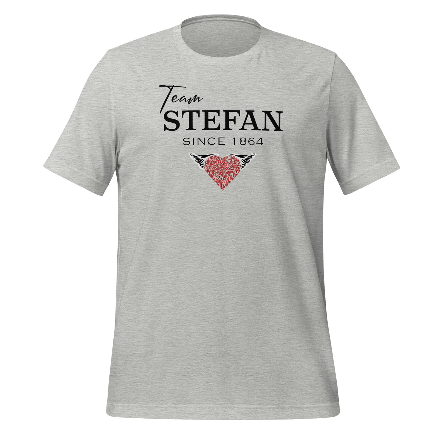 Athletic heather t-shirt from The Vampire Diaries that reads Team Stefan Since 1864 with a red heart created by bookish shop Midnight Gypsy Designs.