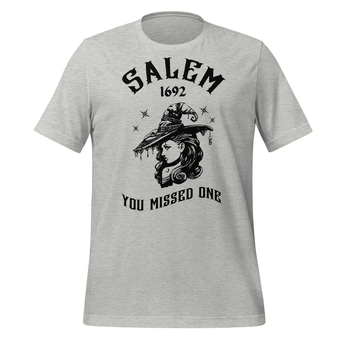 Athletic heather t-shirt with 1692 Salem Witch Trials You Missed One written in black letters and a witch in a witch hat with stars from apparel shop Midnight Gypsy Designs.