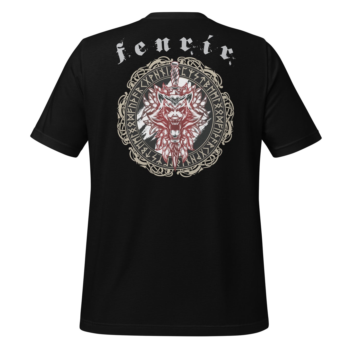 Black t-shirt that says Fenrir with a wolf, sword, and the vegvisir amulet with Futhark runes created by Viking apparel shop Midnight Gypsy Designs.