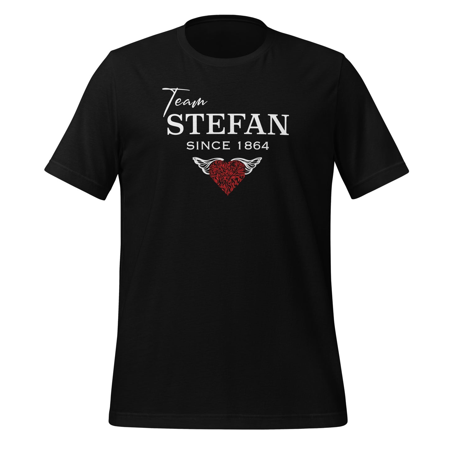 Black t-shirt from The Vampire Diaries that reads Team Stefan Since 1864 with a red heart created by bookish shop Midnight Gypsy Designs.